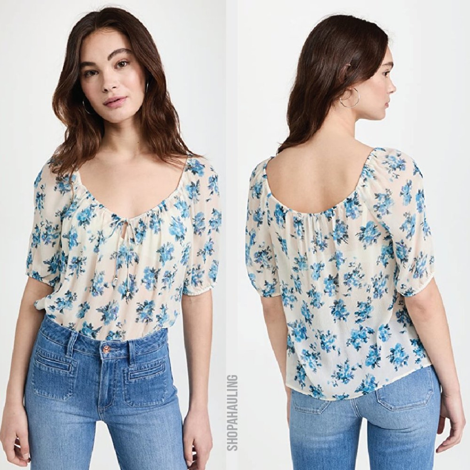 Paige - Franciska Blue Ivory Floral Silk Blouse - Size Small